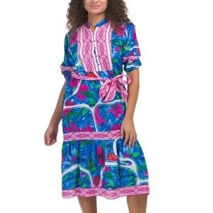 NEW Celina Moon Blue Pink Floral Print Midi Dress Belted Collar Size L